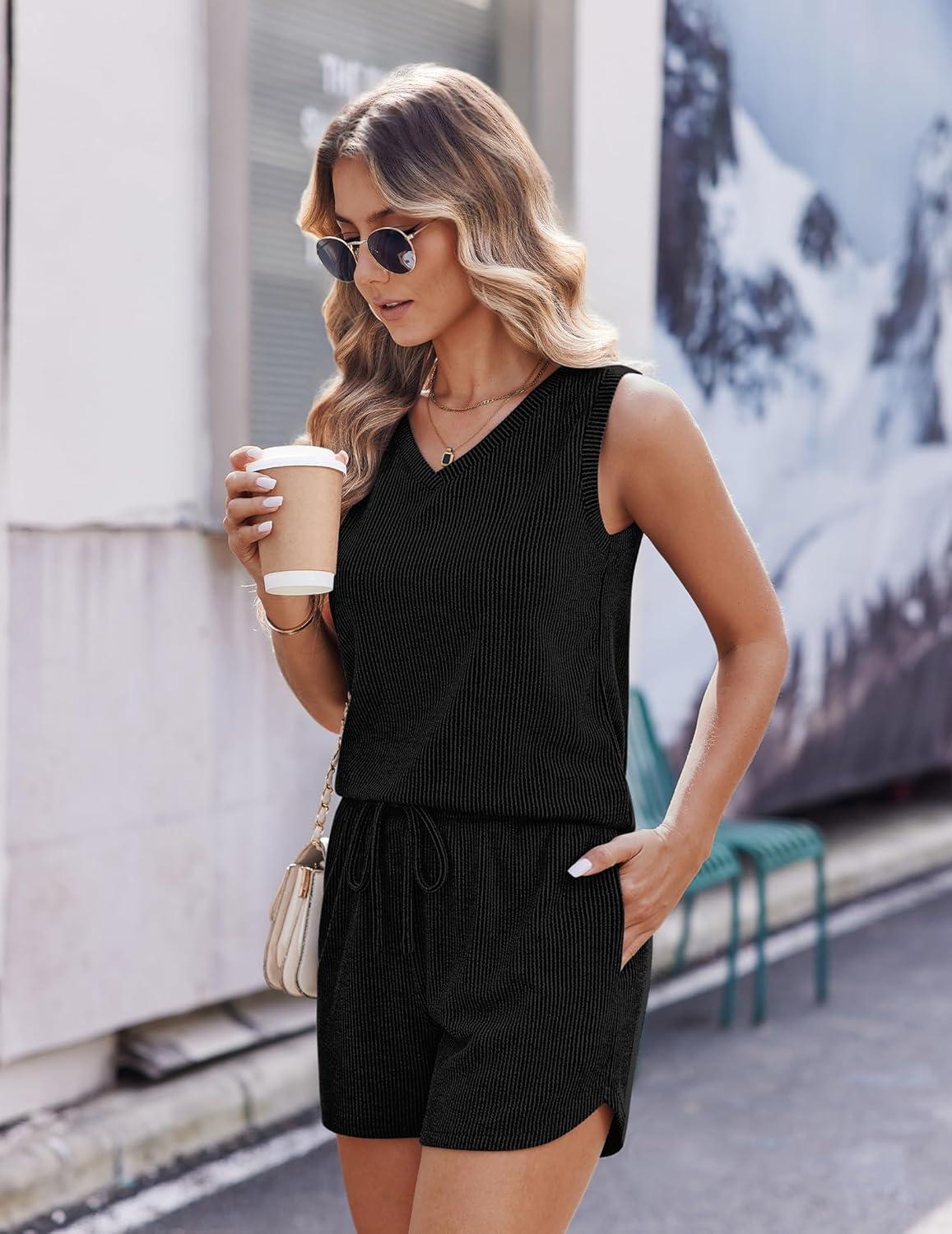 imageEkouaer Womens Short Sets 2 Piece Lounge Set Knit Tank Top and Pajama Shorts Casual Vneck Outfits with PocketsBlack