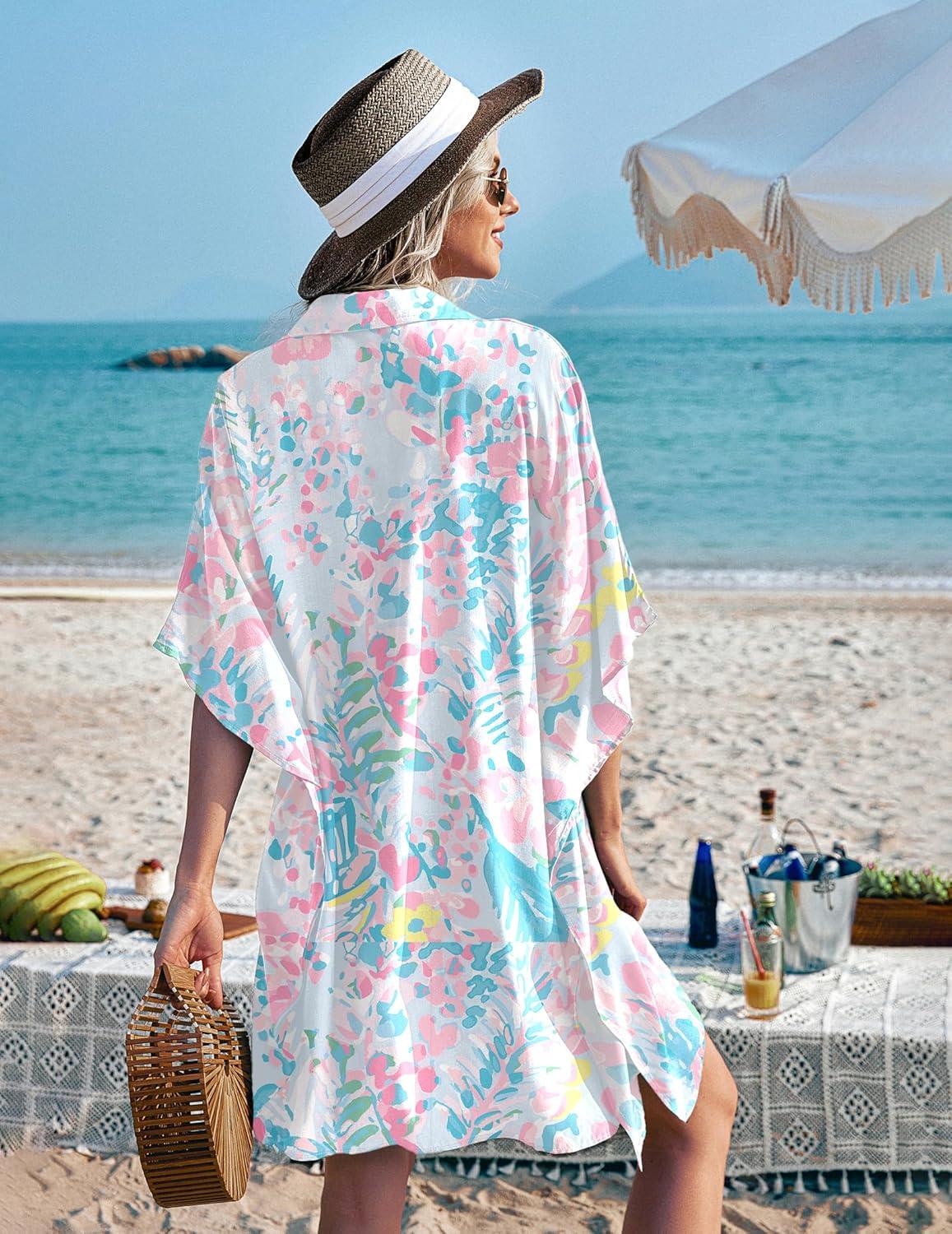 imageEkouaer Womens Swimsuit Cover Up 34 Sleeve Beachwear Bikini Coverups Button Down Oversized Cover Up Shirt S3XLPink Blue Water Color