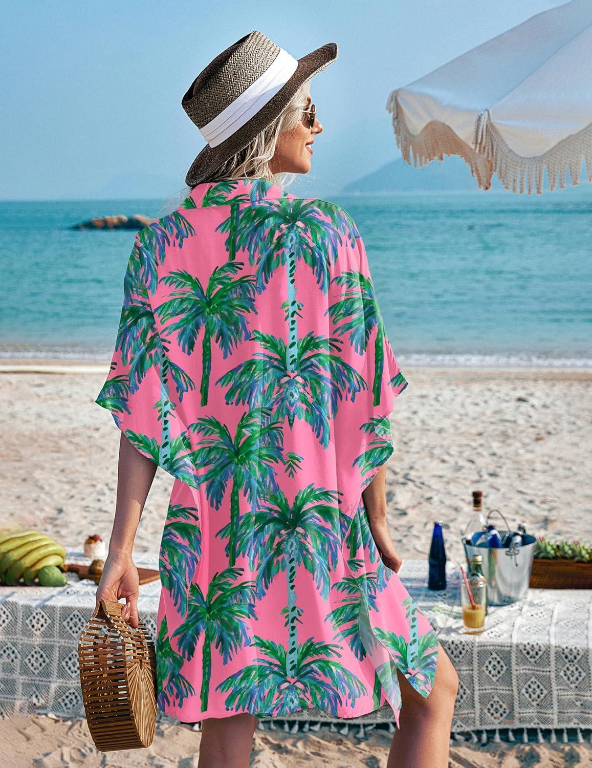 imageEkouaer Womens Swimsuit Cover Up 34 Sleeve Beachwear Bikini Coverups Button Down Oversized Cover Up Shirt S3XLWatercolor Coconut Tree