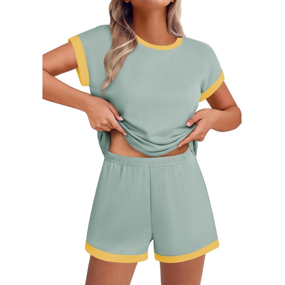 imageEKOUAER 2 Piece Sets for Women Summer Outfits Cute Stripe Knit T Shirts Shorts Matching Lounge SetLight Green