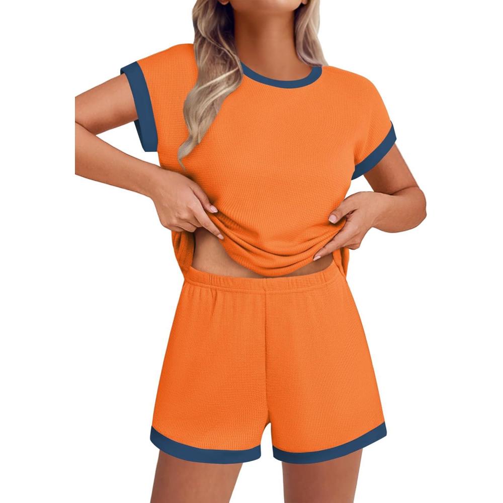 imageEKOUAER 2 Piece Sets for Women Summer Outfits Cute Stripe Knit T Shirts Shorts Matching Lounge SetOrange