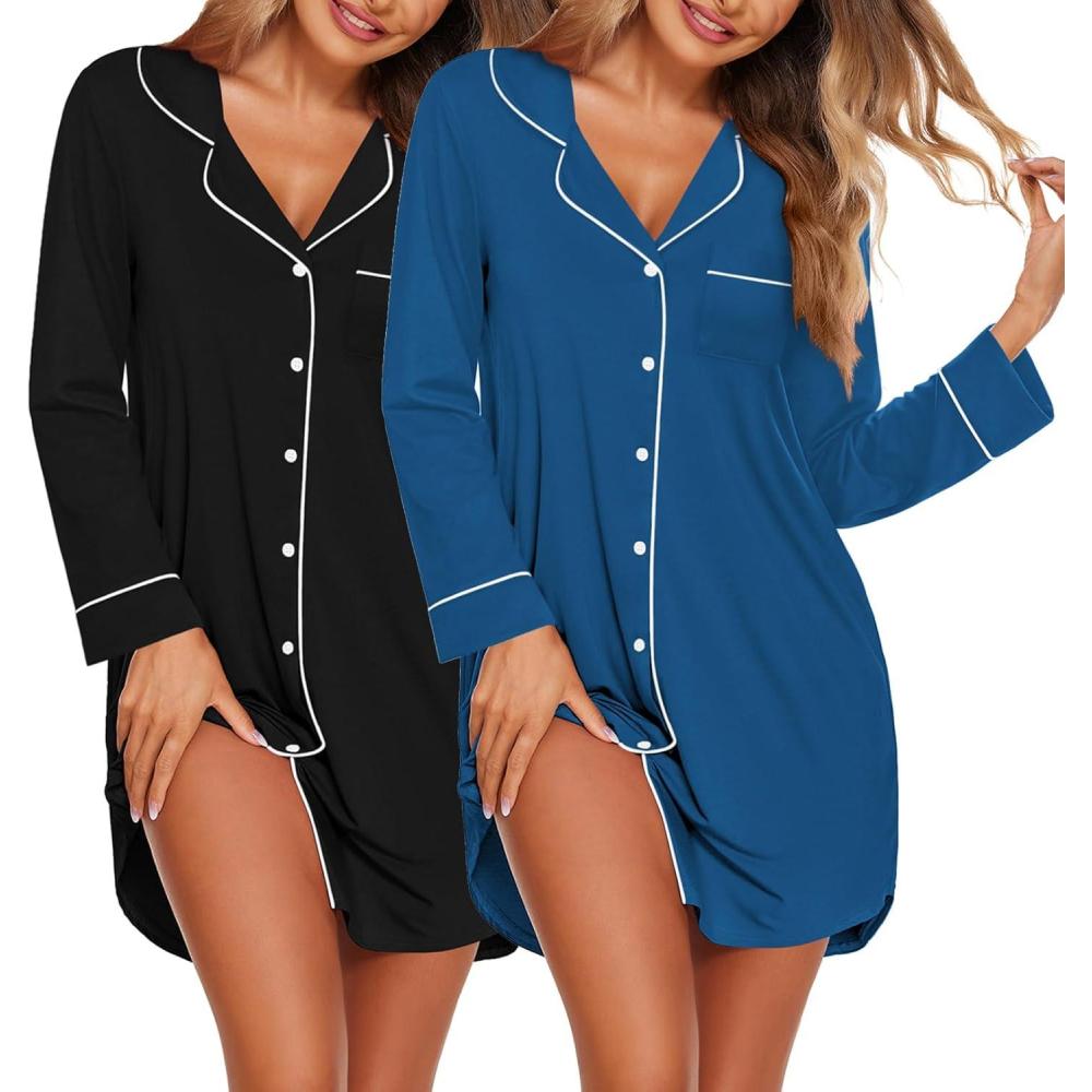 imageEkouaer 2 Pack Nightgowns for Women Long Sleeve Night Shirt Button Down Sleep Shirt VNeck Sleep Dress Pajama SleepwearBlackBlue