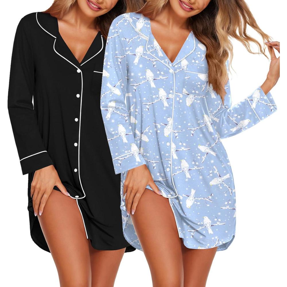 imageEkouaer 2 Pack Nightgowns for Women Long Sleeve Night Shirt Button Down Sleep Shirt VNeck Sleep Dress Pajama SleepwearBlackBlue White Bird