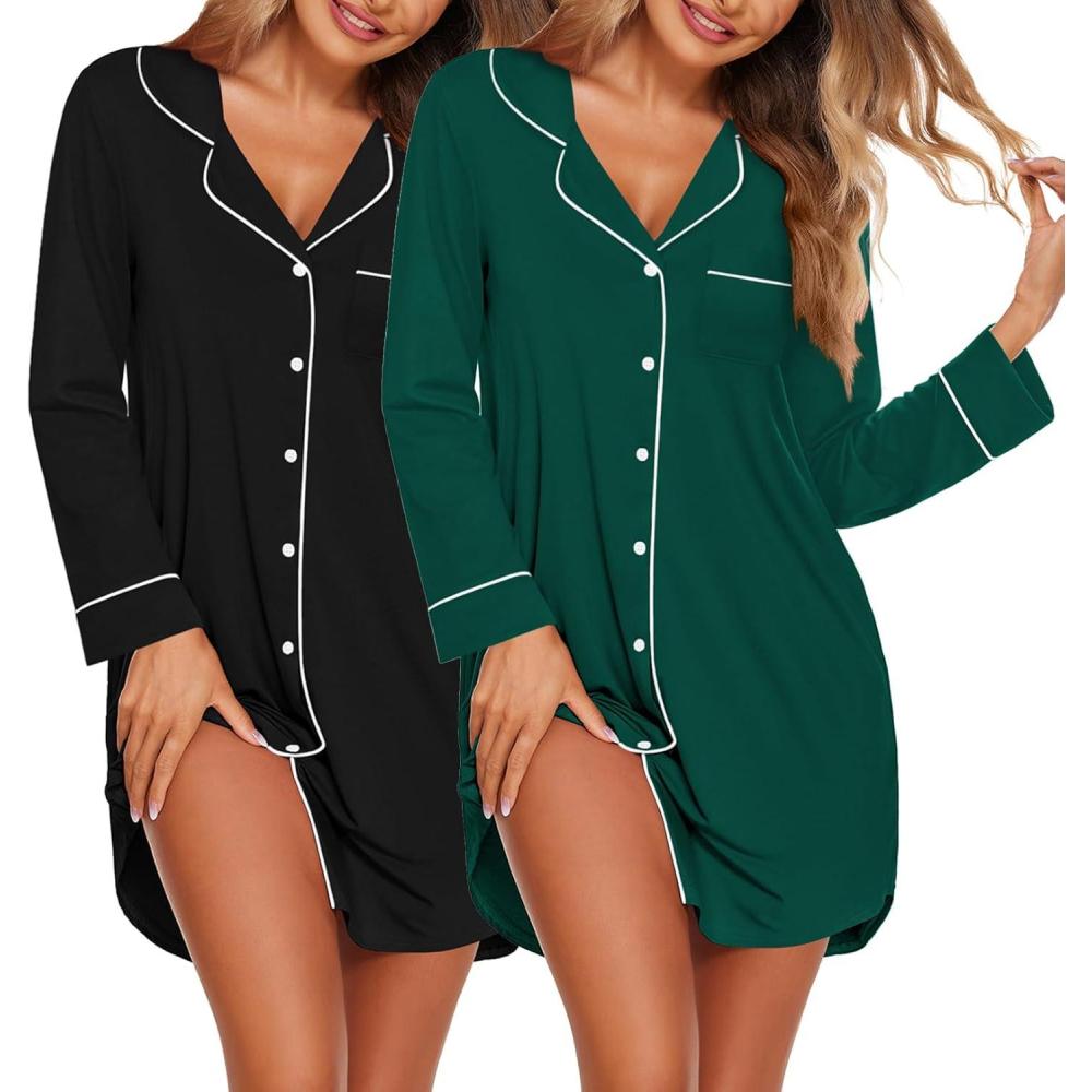 imageEkouaer 2 Pack Nightgowns for Women Long Sleeve Night Shirt Button Down Sleep Shirt VNeck Sleep Dress Pajama SleepwearBlackGreen