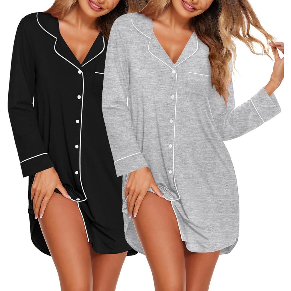imageEkouaer 2 Pack Nightgowns for Women Long Sleeve Night Shirt Button Down Sleep Shirt VNeck Sleep Dress Pajama SleepwearBlackLight Grey