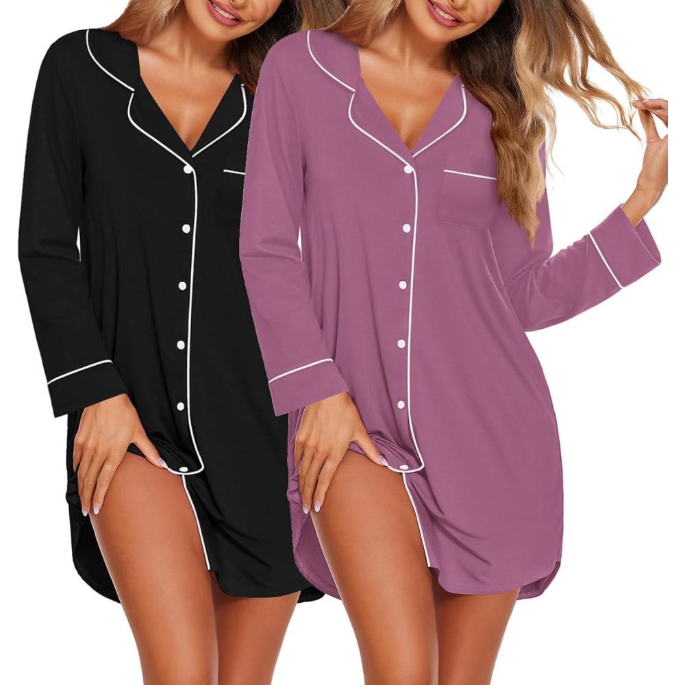 imageEkouaer 2 Pack Nightgowns for Women Long Sleeve Night Shirt Button Down Sleep Shirt VNeck Sleep Dress Pajama SleepwearBlackPurple