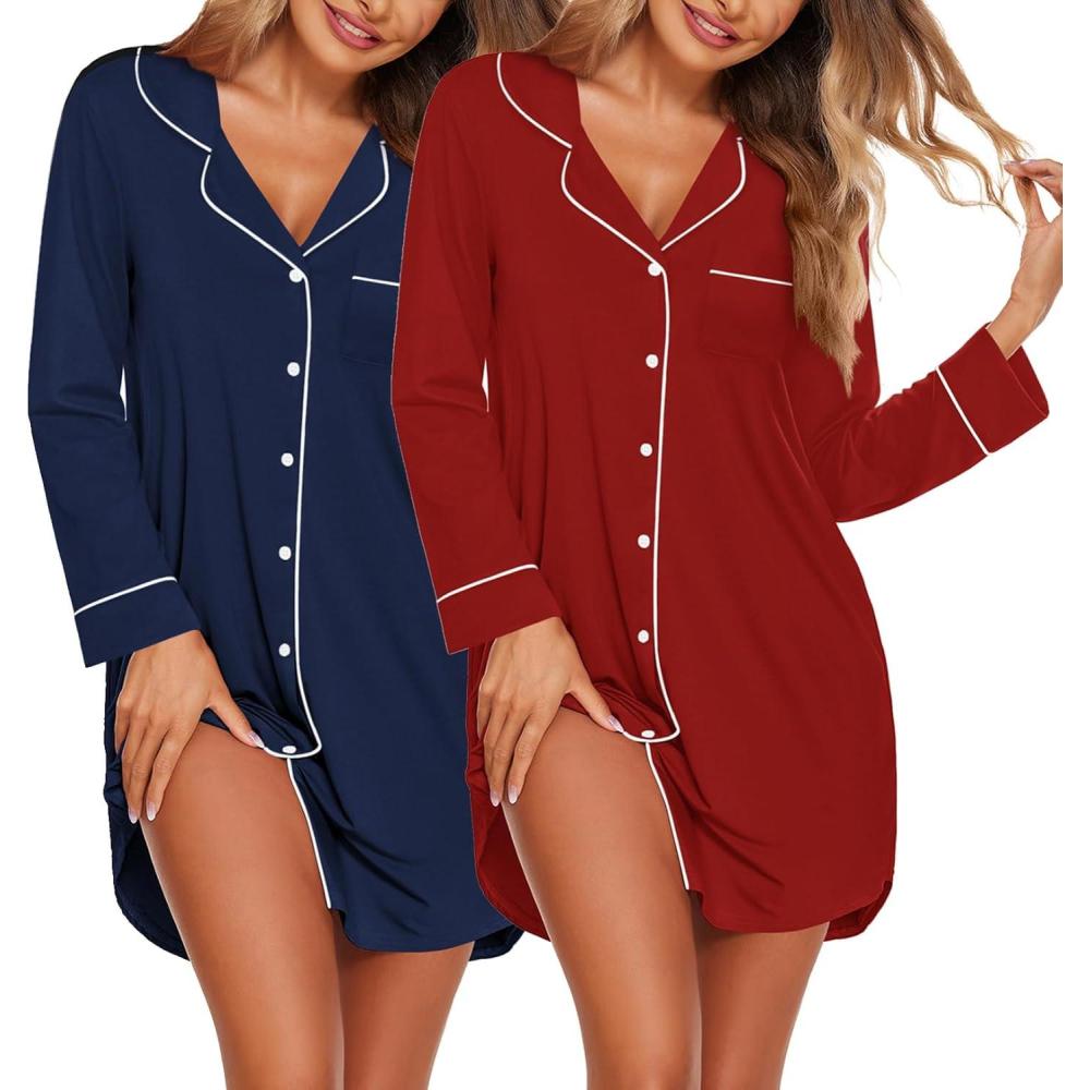 imageEkouaer 2 Pack Nightgowns for Women Long Sleeve Night Shirt Button Down Sleep Shirt VNeck Sleep Dress Pajama SleepwearNavy BlueWine Red