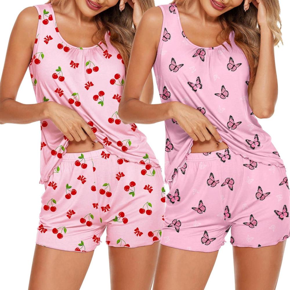 imageEkouaer 2 Pack Womens Pajamas Set Casual Sleepwear Soft Pj Sets Tank Top and Shorts Loungewear for SummerSXXLCherry