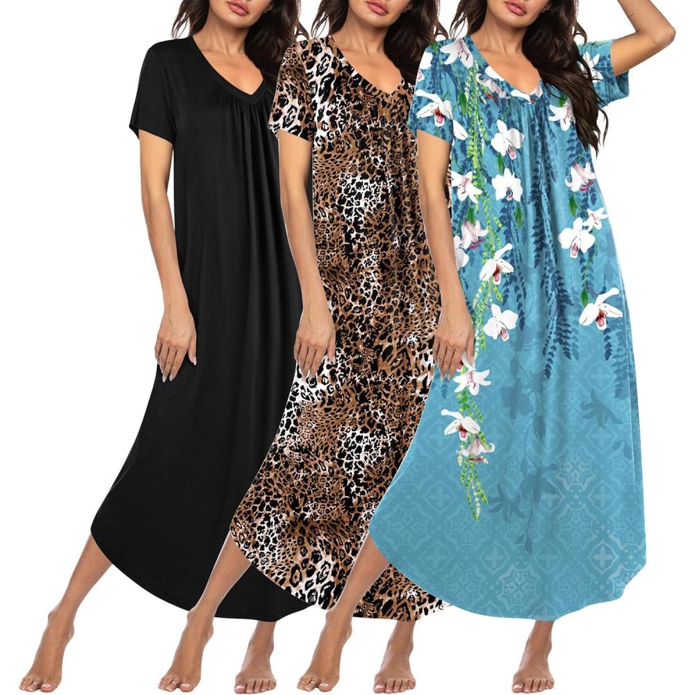 imageEkouaer 3 Pack Long Nightgowns for Women Plus Size House Dress Short Sleeve Night Gown V Neck Casual Nightshirt M5XLBlackBlue FloralLeopard