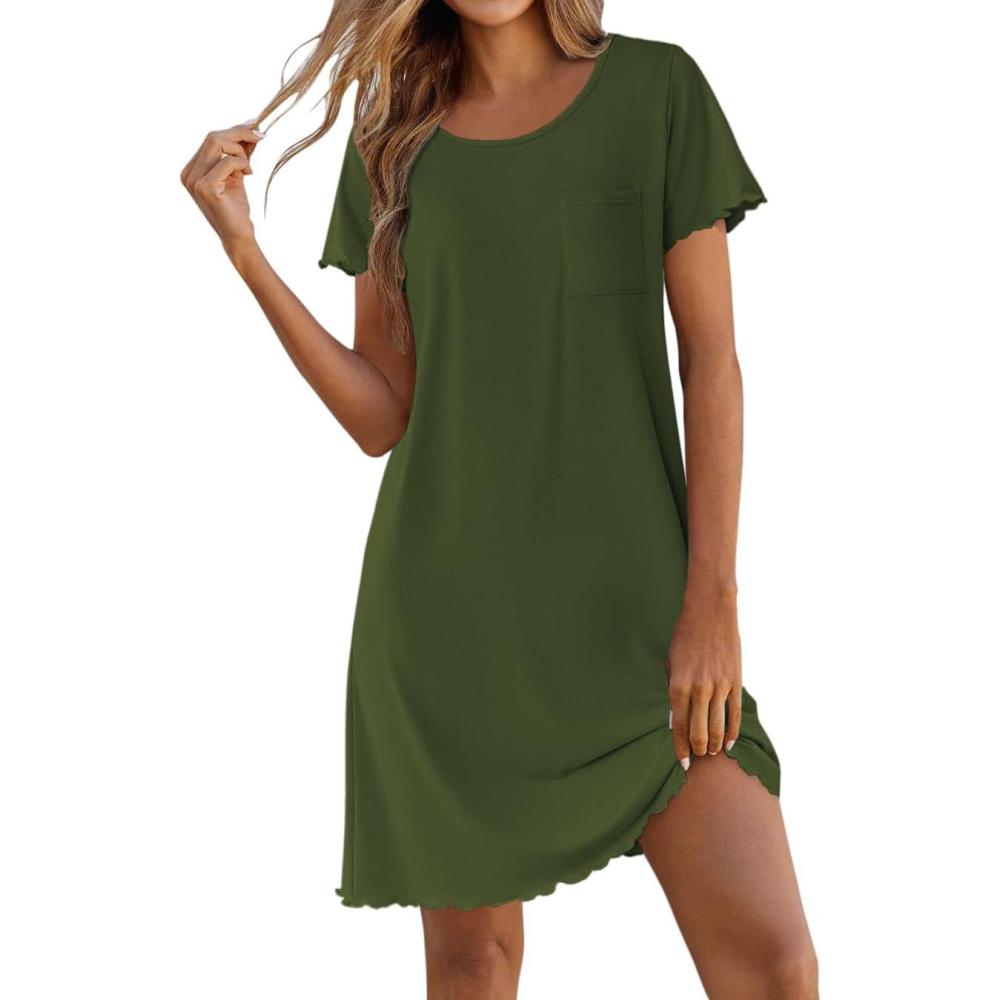 imageEkouaer Bamboo Viscose Sleep Shirts for Women Soft Nightgowns Short Sleeve Ruffled Night Shirts with Chest Pocket S3XLArmy Green