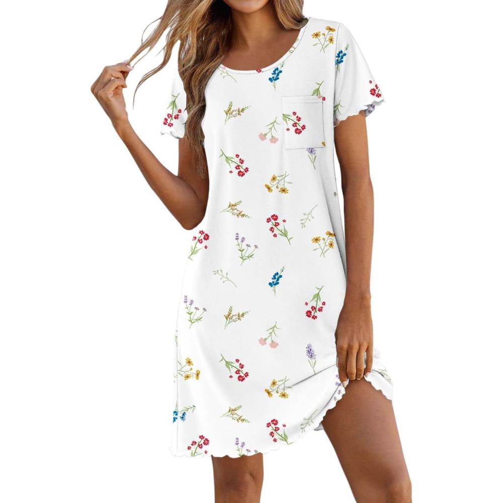imageEkouaer Bamboo Viscose Sleep Shirts for Women Soft Nightgowns Short Sleeve Ruffled Night Shirts with Chest Pocket S3XLDaisy