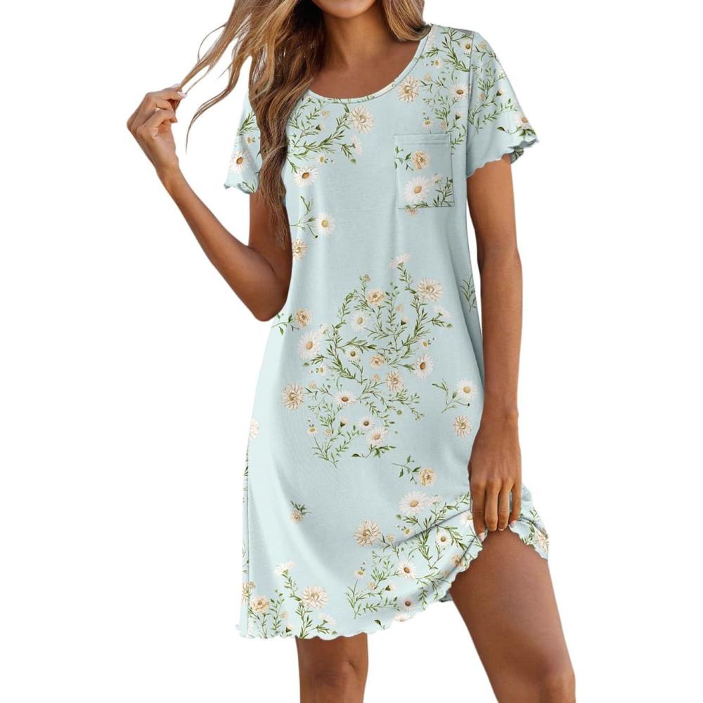 imageEkouaer Bamboo Viscose Sleep Shirts for Women Soft Nightgowns Short Sleeve Ruffled Night Shirts with Chest Pocket S3XLDaisy Green