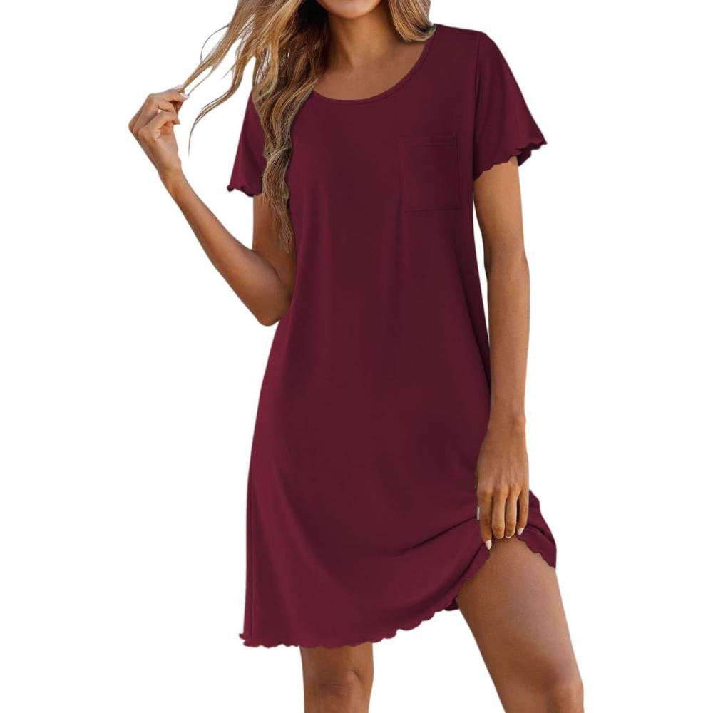 imageEkouaer Bamboo Viscose Sleep Shirts for Women Soft Nightgowns Short Sleeve Ruffled Night Shirts with Chest Pocket S3XLDeep Red