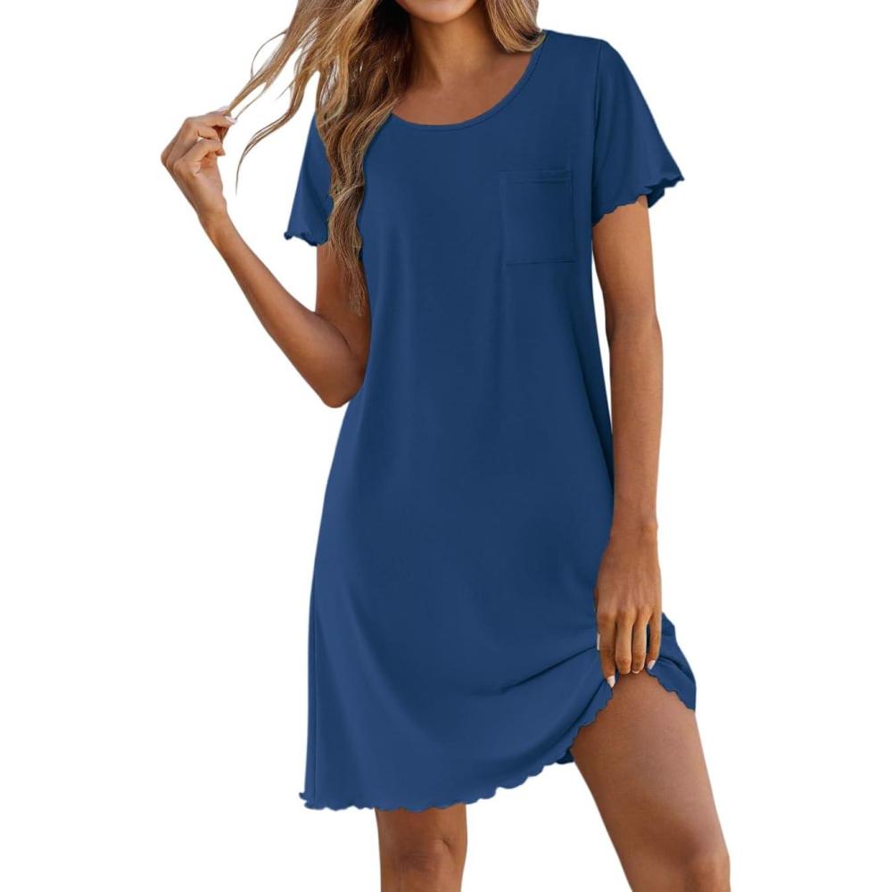 imageEkouaer Bamboo Viscose Sleep Shirts for Women Soft Nightgowns Short Sleeve Ruffled Night Shirts with Chest Pocket S3XLNavy Blue
