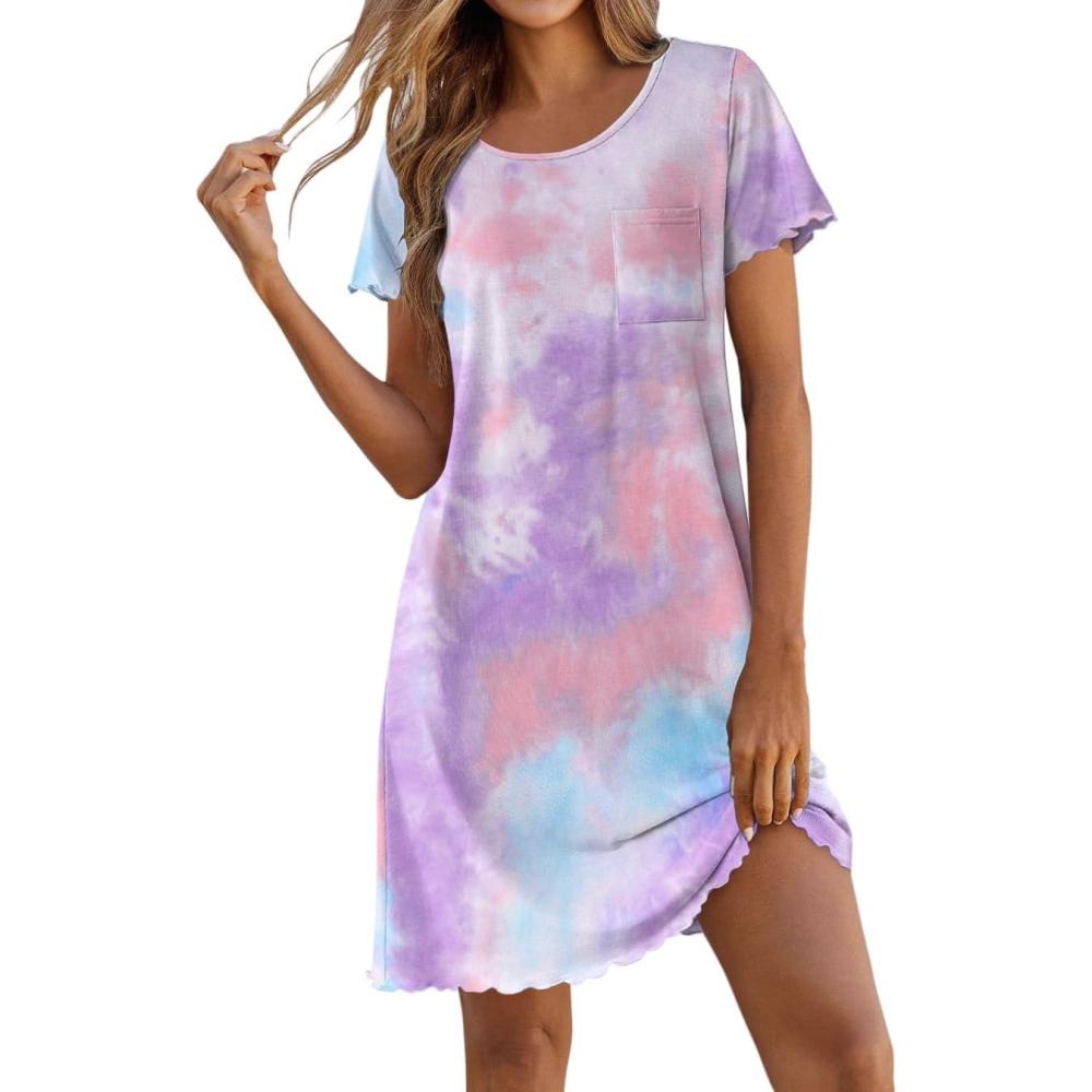 imageEkouaer Bamboo Viscose Sleep Shirts for Women Soft Nightgowns Short Sleeve Ruffled Night Shirts with Chest Pocket S3XLTie Dye Blue