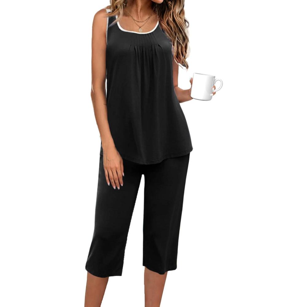 imageEkouaer Capri Pajama Sets for Women 2 Piece Soft Cute Pjs Round Neck Sleeveless Lounge Set for Summer Sleepwear SXXXLBlack