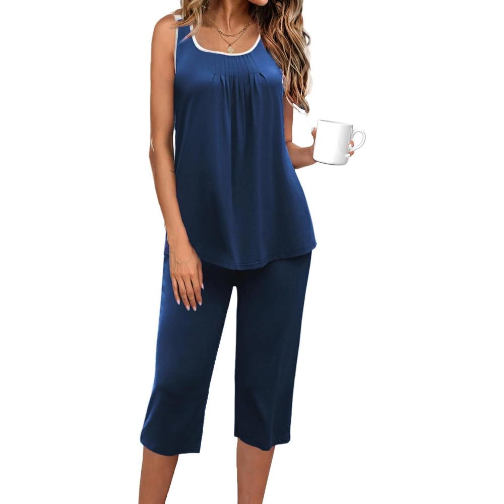 imageEkouaer Capri Pajama Sets for Women 2 Piece Soft Cute Pjs Round Neck Sleeveless Lounge Set for Summer Sleepwear SXXXLCobalt Blue
