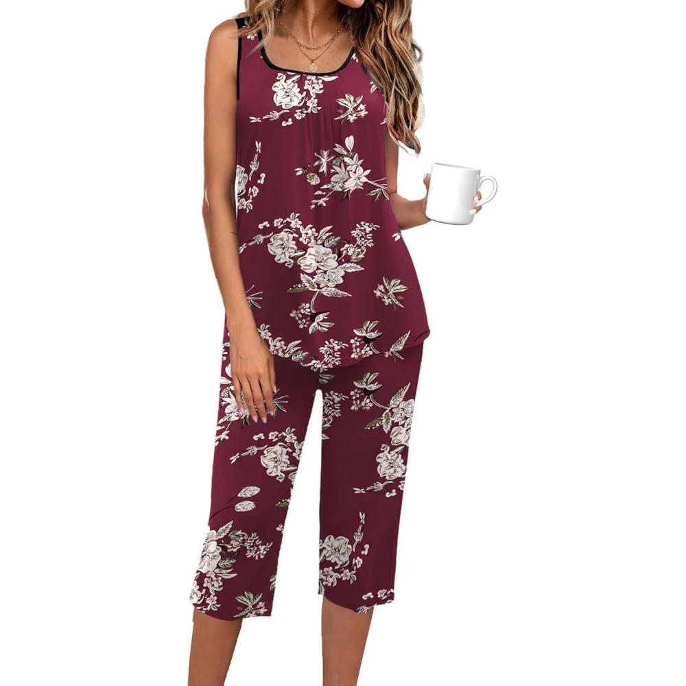 imageEkouaer Capri Pajama Sets for Women 2 Piece Soft Cute Pjs Round Neck Sleeveless Lounge Set for Summer Sleepwear SXXXLFlower 2