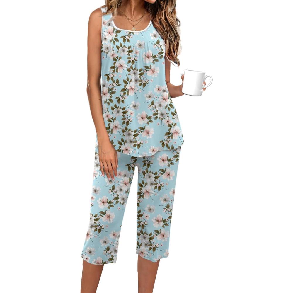imageEkouaer Capri Pajama Sets for Women 2 Piece Soft Cute Pjs Round Neck Sleeveless Lounge Set for Summer Sleepwear SXXXLFlower 4