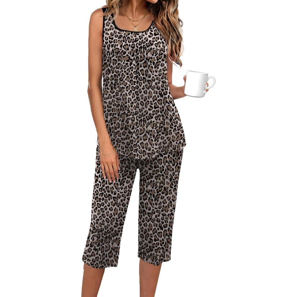 imageEkouaer Capri Pajama Sets for Women 2 Piece Soft Cute Pjs Round Neck Sleeveless Lounge Set for Summer Sleepwear SXXXLLeopard
