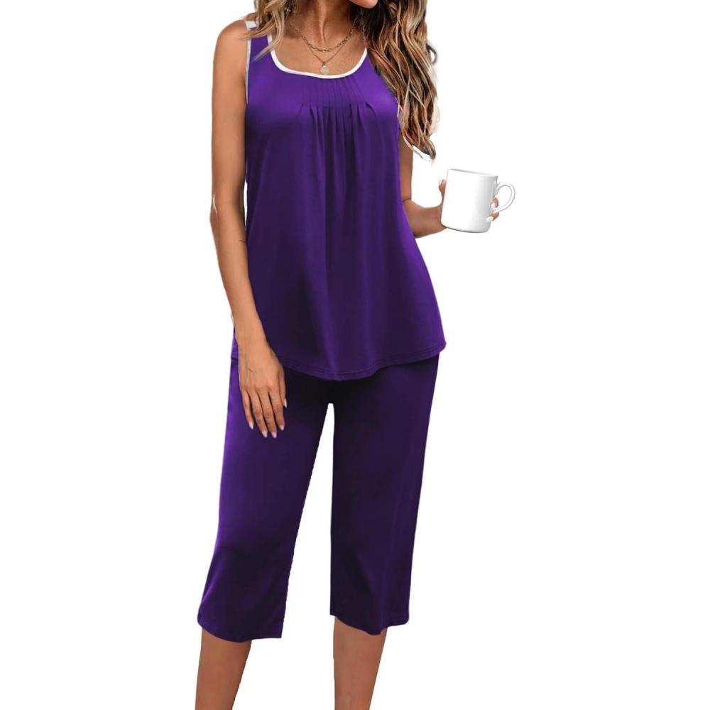 imageEkouaer Capri Pajama Sets for Women 2 Piece Soft Cute Pjs Round Neck Sleeveless Lounge Set for Summer Sleepwear SXXXLPurple