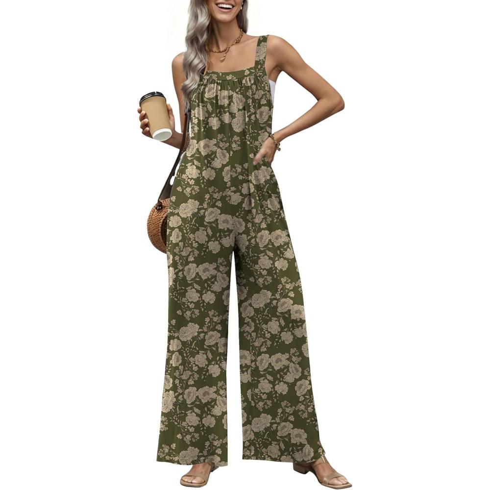 imageEkouaer Casual Jumpsuits for Women Adjustable Straps Overalls One Piece Jumpsuit Wide Leg Rompers With Pockets SXXLArmy Green Flowers