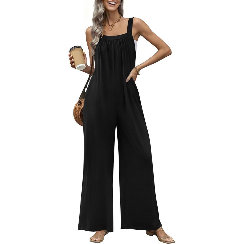 imageEkouaer Casual Jumpsuits for Women Adjustable Straps Overalls One Piece Jumpsuit Wide Leg Rompers With Pockets SXXLBlack