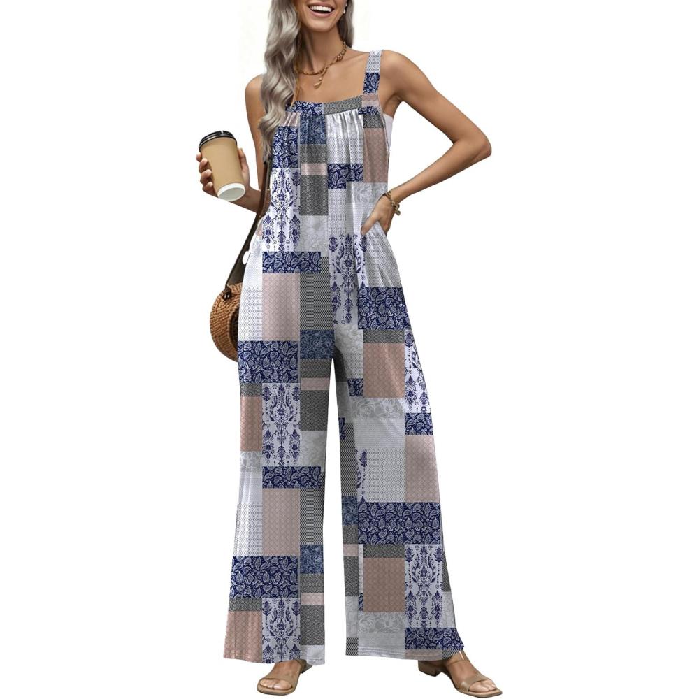 imageEkouaer Casual Jumpsuits for Women Adjustable Straps Overalls One Piece Jumpsuit Wide Leg Rompers With Pockets SXXLGrey Checkered