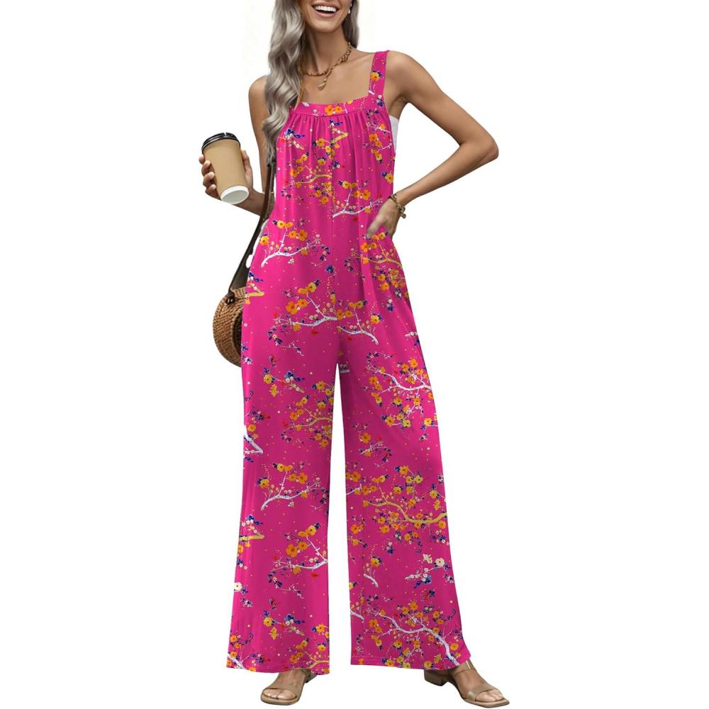 imageEkouaer Casual Jumpsuits for Women Adjustable Straps Overalls One Piece Jumpsuit Wide Leg Rompers With Pockets SXXLHot Pink Floral