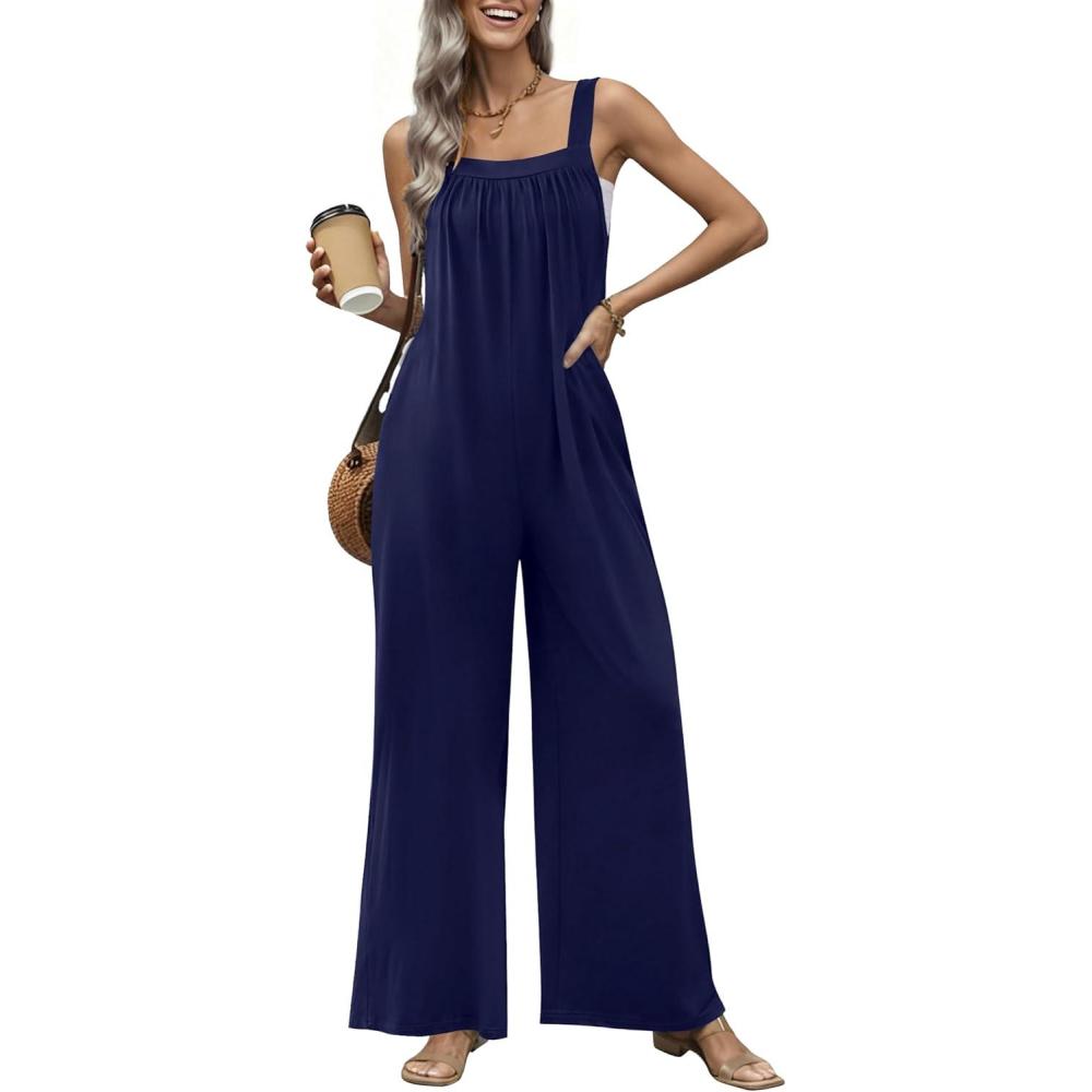 imageEkouaer Casual Jumpsuits for Women Adjustable Straps Overalls One Piece Jumpsuit Wide Leg Rompers With Pockets SXXLNavy Blue