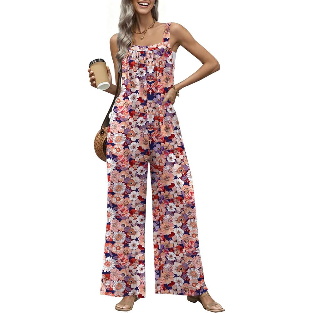 imageEkouaer Casual Jumpsuits for Women Adjustable Straps Overalls One Piece Jumpsuit Wide Leg Rompers With Pockets SXXLPink Daisies