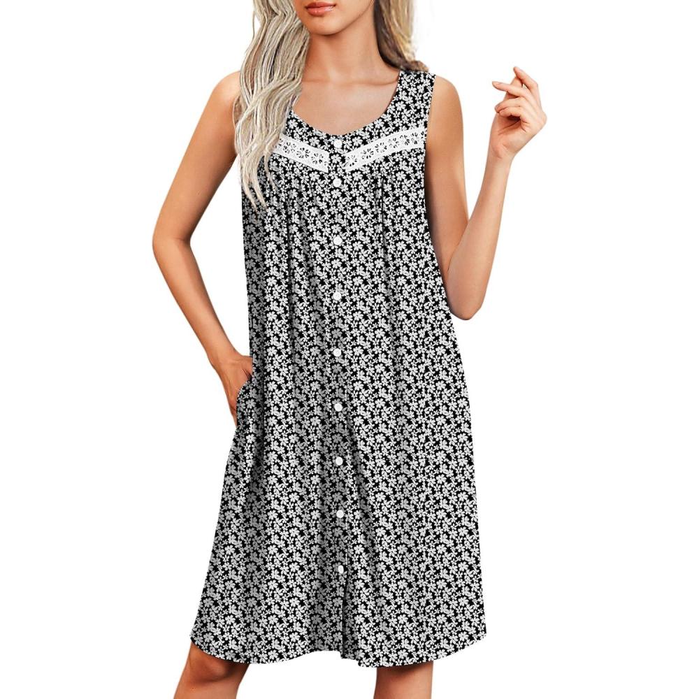 imageEkouaer Nightgowns for Women Button Up Sleepshirt Tank Sleeveless Nightshirt Soft Sleepwear with Pockets SXXXLBlack White Floral