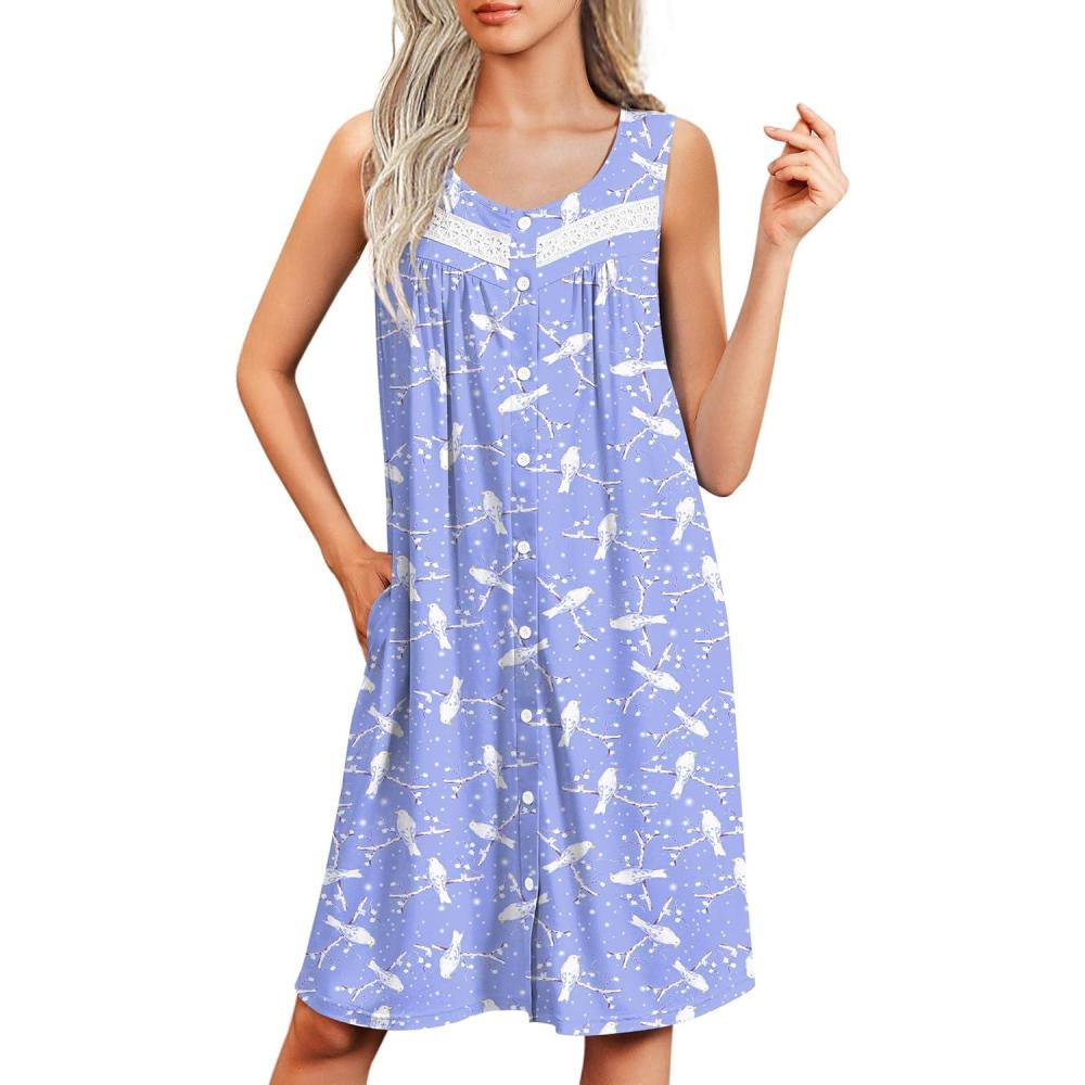 imageEkouaer Nightgowns for Women Button Up Sleepshirt Tank Sleeveless Nightshirt Soft Sleepwear with Pockets SXXXLBlue White Bird