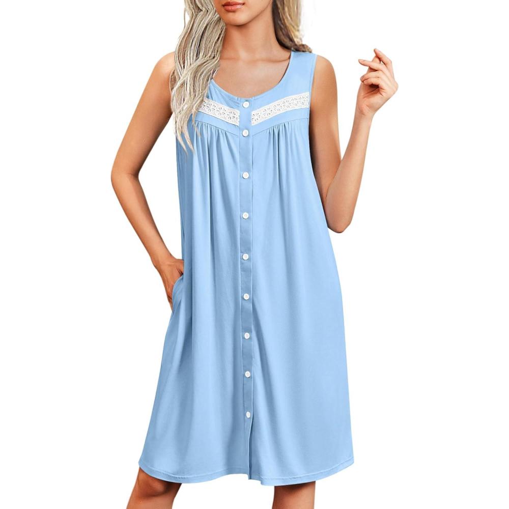 imageEkouaer Nightgowns for Women Button Up Sleepshirt Tank Sleeveless Nightshirt Soft Sleepwear with Pockets SXXXLLight Blue