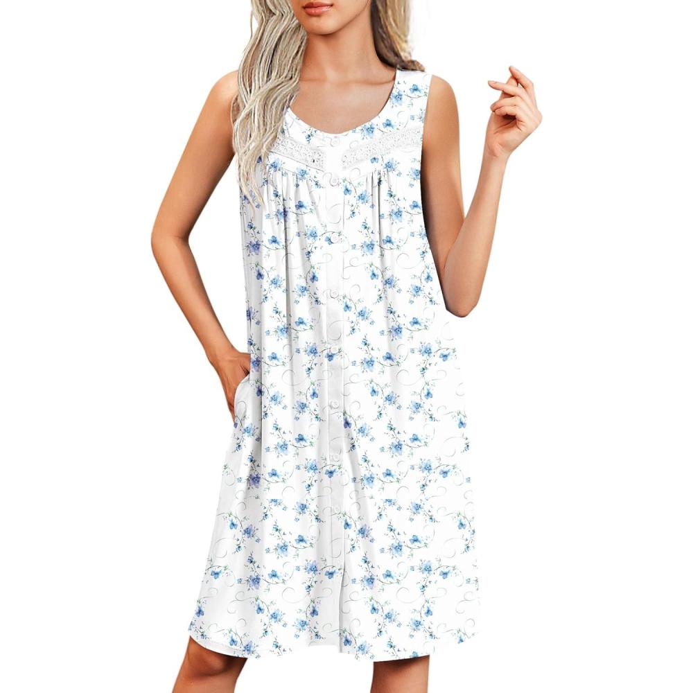 imageEkouaer Nightgowns for Women Button Up Sleepshirt Tank Sleeveless Nightshirt Soft Sleepwear with Pockets SXXXLLight Blue Floral