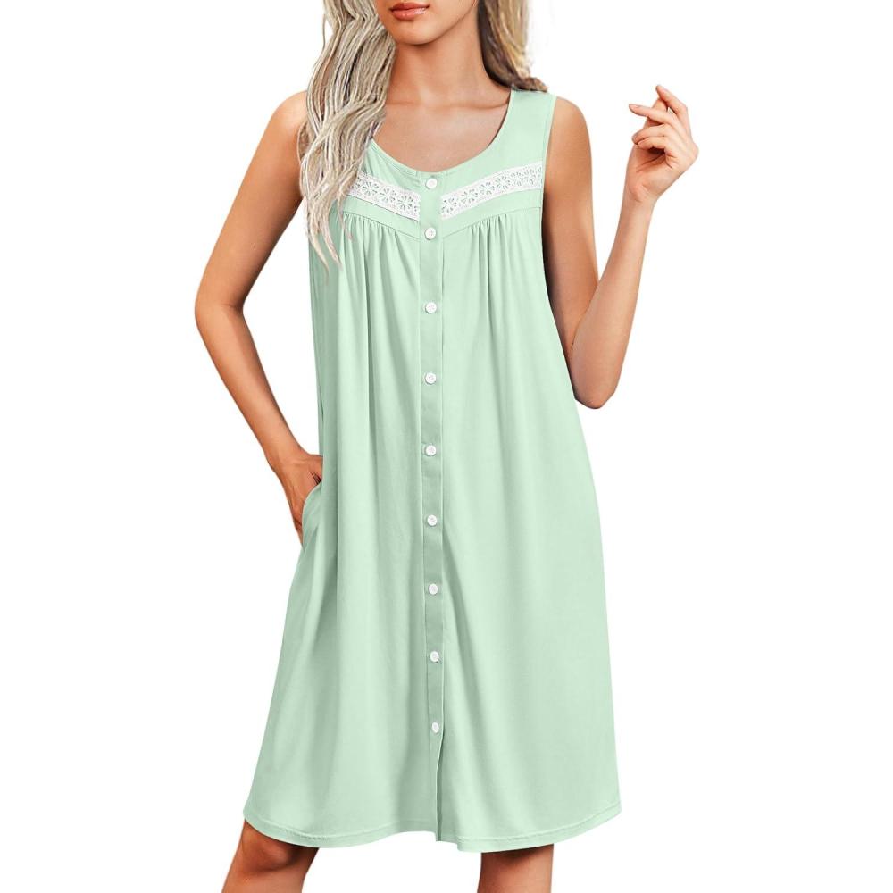 imageEkouaer Nightgowns for Women Button Up Sleepshirt Tank Sleeveless Nightshirt Soft Sleepwear with Pockets SXXXLLight Green