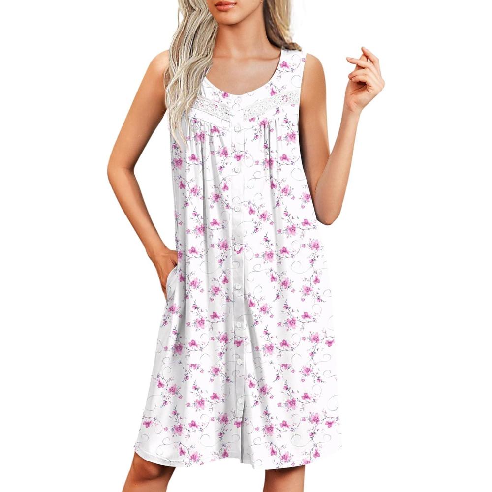 imageEkouaer Nightgowns for Women Button Up Sleepshirt Tank Sleeveless Nightshirt Soft Sleepwear with Pockets SXXXLLight Pink Floral