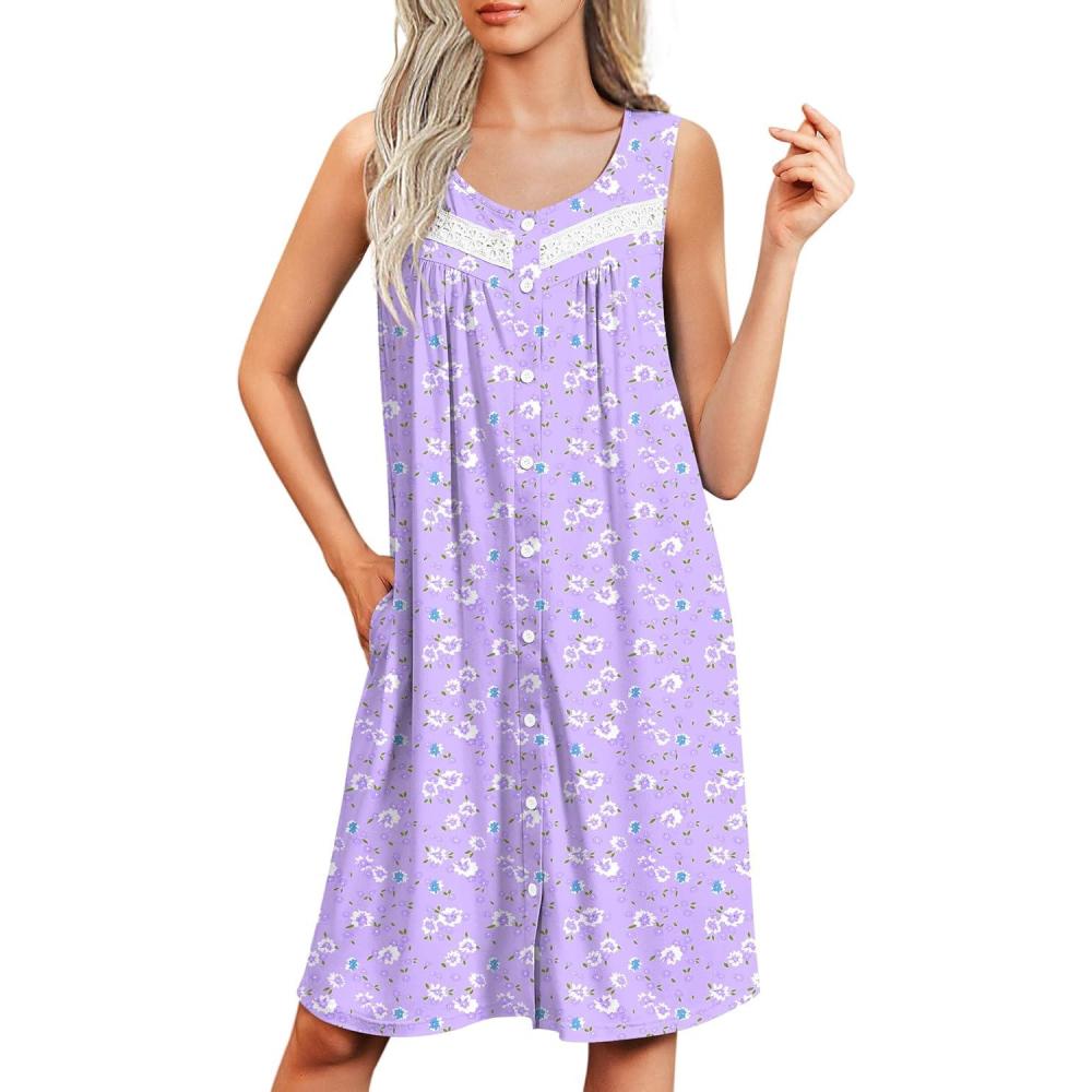 imageEkouaer Nightgowns for Women Button Up Sleepshirt Tank Sleeveless Nightshirt Soft Sleepwear with Pockets SXXXLLight Purple Floral