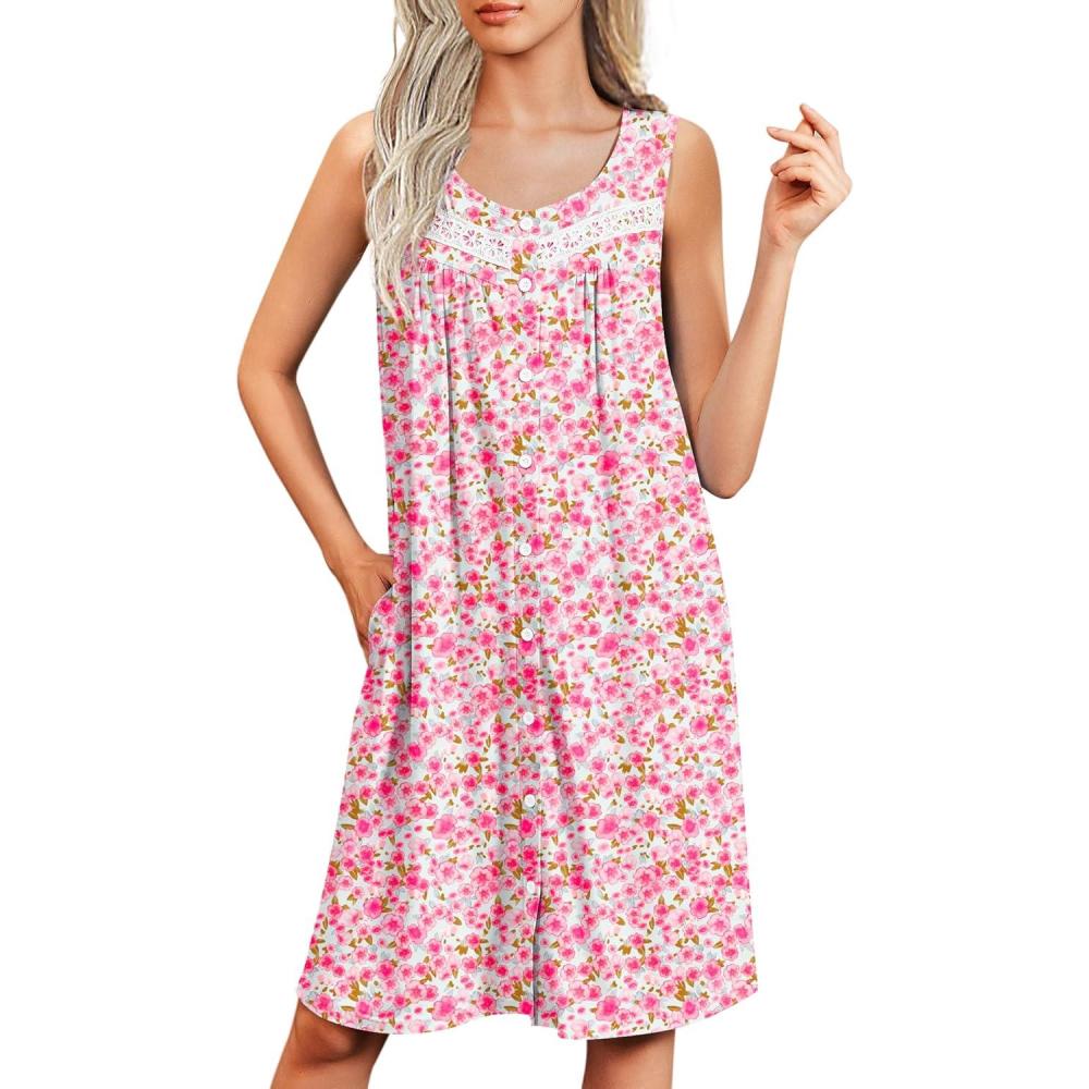 imageEkouaer Nightgowns for Women Button Up Sleepshirt Tank Sleeveless Nightshirt Soft Sleepwear with Pockets SXXXLPink Floral