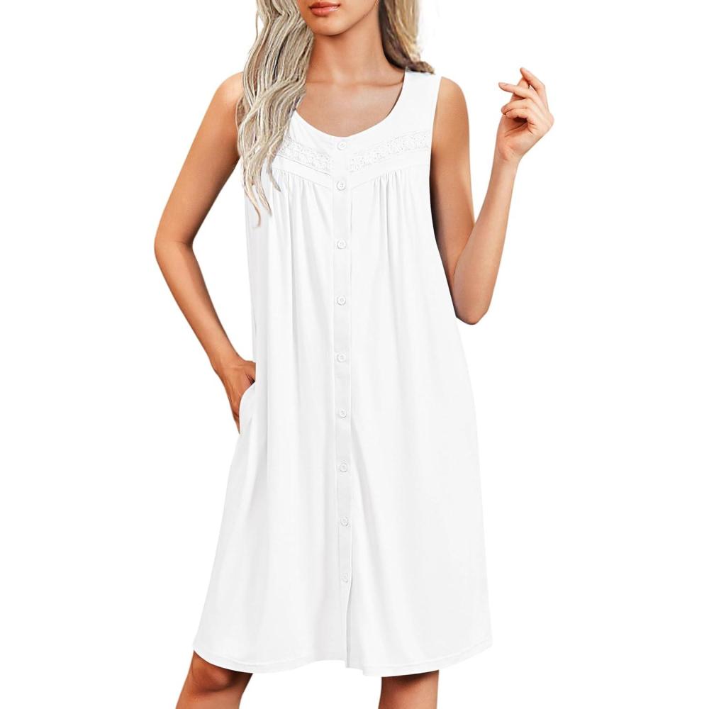 imageEkouaer Nightgowns for Women Button Up Sleepshirt Tank Sleeveless Nightshirt Soft Sleepwear with Pockets SXXXLWhite
