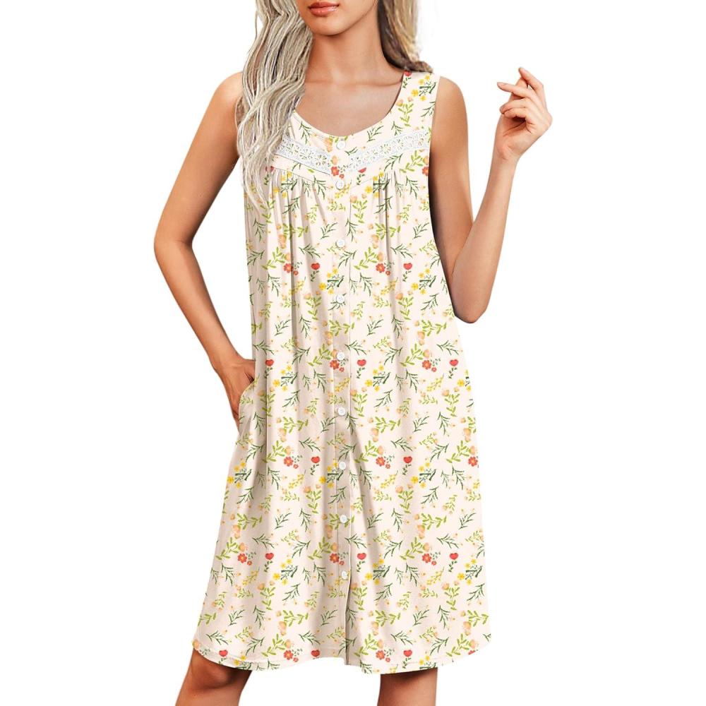 imageEkouaer Nightgowns for Women Button Up Sleepshirt Tank Sleeveless Nightshirt Soft Sleepwear with Pockets SXXXLYellow Floral