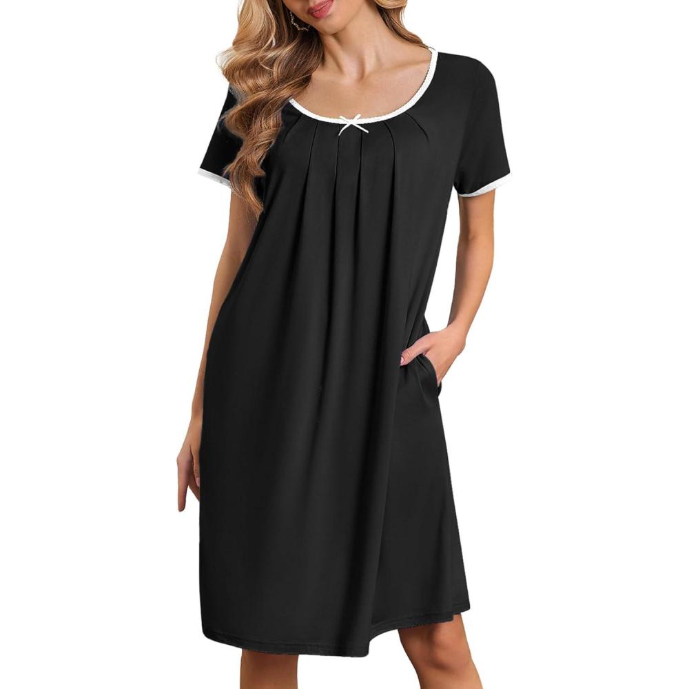 imageEkouaer Nightgowns for Women Short Sleeve Moo Moos Ladies House Dress with Pockets Pleated Sleepshirts Soft SleepwearBlack
