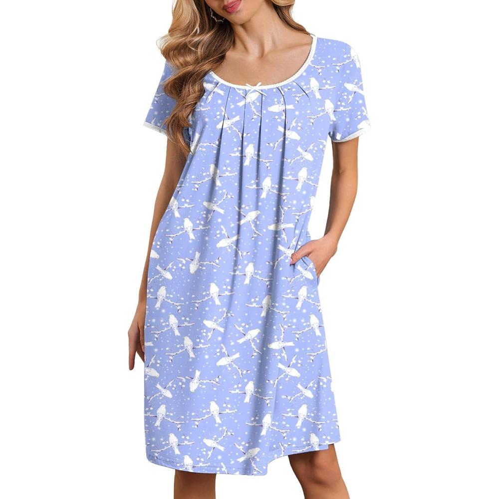 imageEkouaer Nightgowns for Women Short Sleeve Moo Moos Ladies House Dress with Pockets Pleated Sleepshirts Soft SleepwearBlue  White Birds