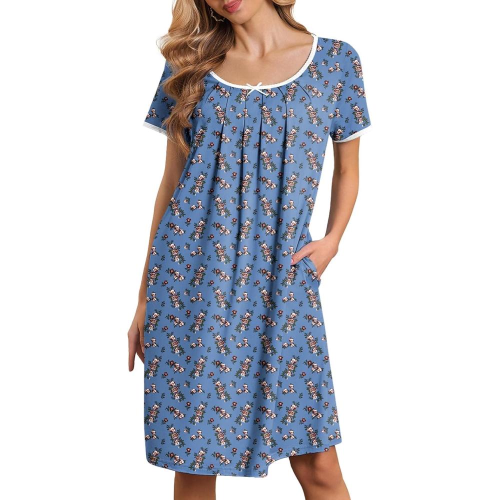 imageEkouaer Nightgowns for Women Short Sleeve Moo Moos Ladies House Dress with Pockets Pleated Sleepshirts Soft SleepwearBlue White Red Florals