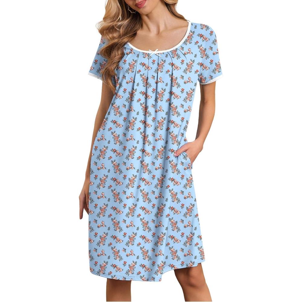 imageEkouaer Nightgowns for Women Short Sleeve Moo Moos Ladies House Dress with Pockets Pleated Sleepshirts Soft SleepwearLight Blue Florals