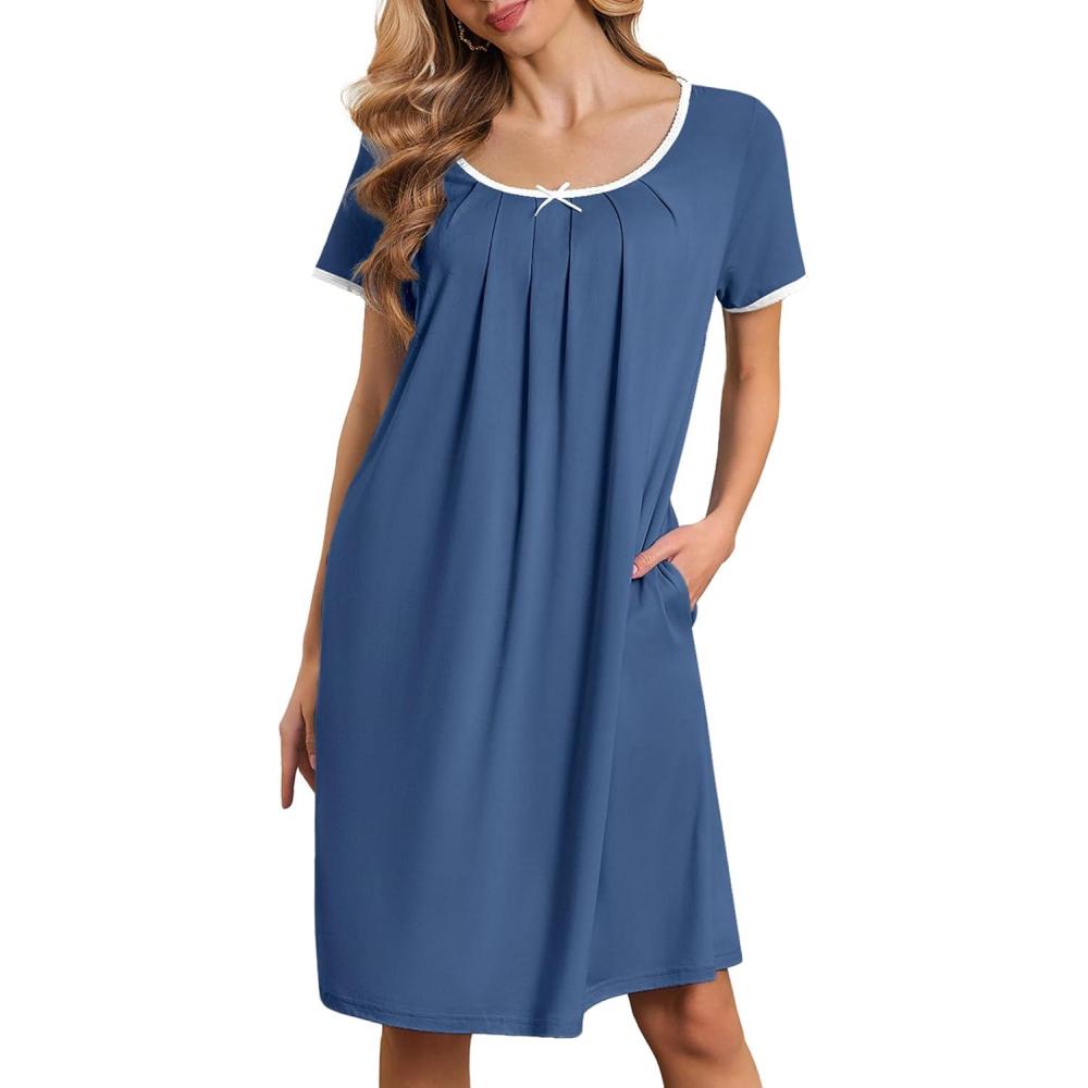 imageEkouaer Nightgowns for Women Short Sleeve Moo Moos Ladies House Dress with Pockets Pleated Sleepshirts Soft SleepwearNavy