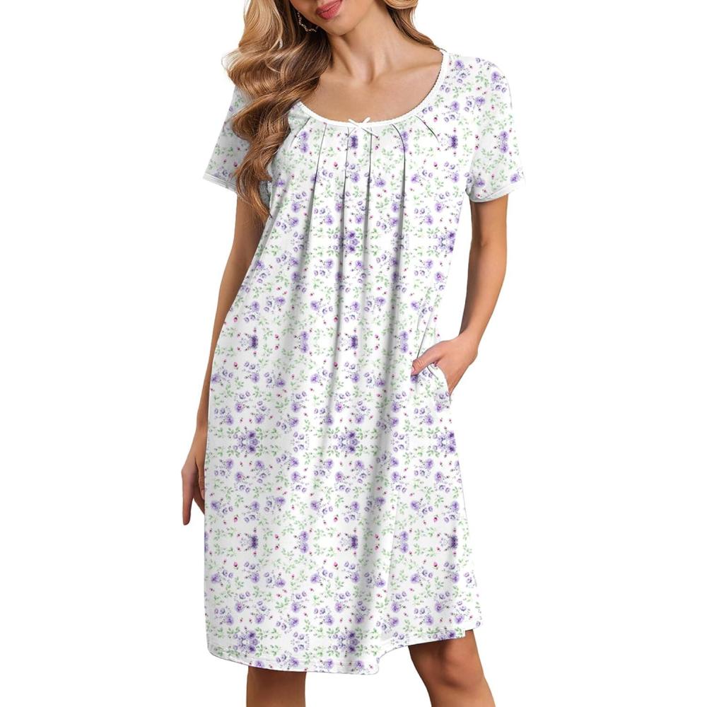 imageEkouaer Nightgowns for Women Short Sleeve Moo Moos Ladies House Dress with Pockets Pleated Sleepshirts Soft SleepwearWhite Purple  Pink Florals