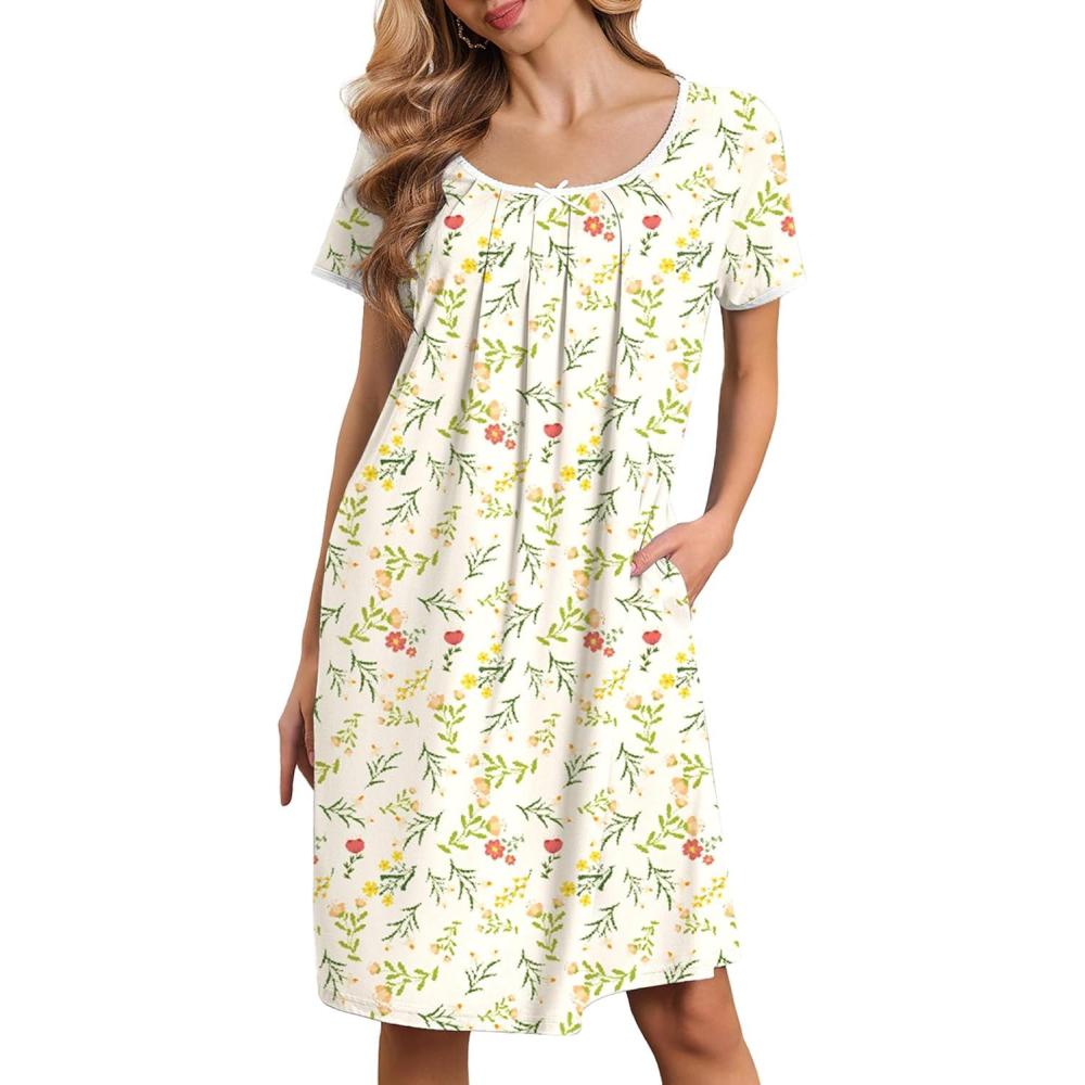imageEkouaer Nightgowns for Women Short Sleeve Moo Moos Ladies House Dress with Pockets Pleated Sleepshirts Soft SleepwearYellow Green Leaves