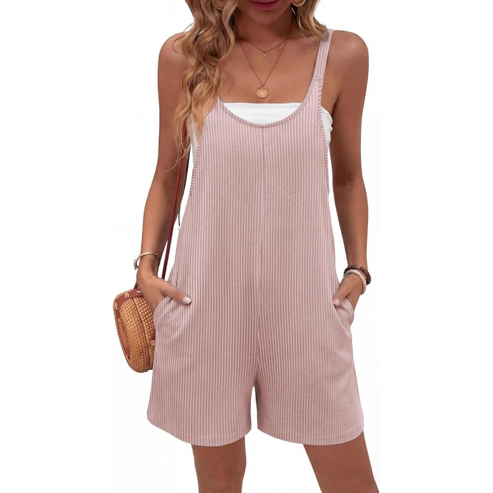 imageEkouaer Rompers for Women Casual Loose Sleeveless Overalls Shorts Knit Jumpsuits 2026 Summer Vacation Beach OutfitsBrown
