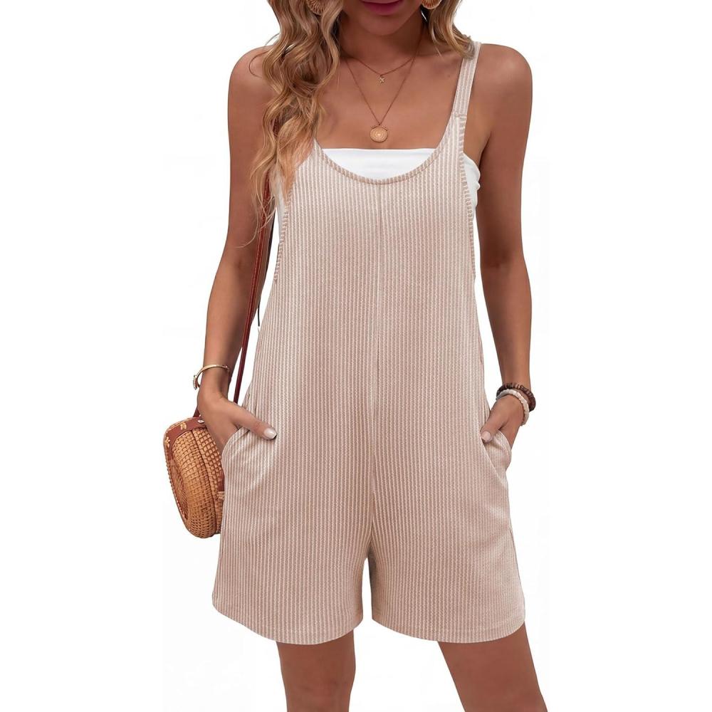 imageEkouaer Rompers for Women Casual Loose Sleeveless Overalls Shorts Knit Jumpsuits 2026 Summer Vacation Beach OutfitsLight Khaki